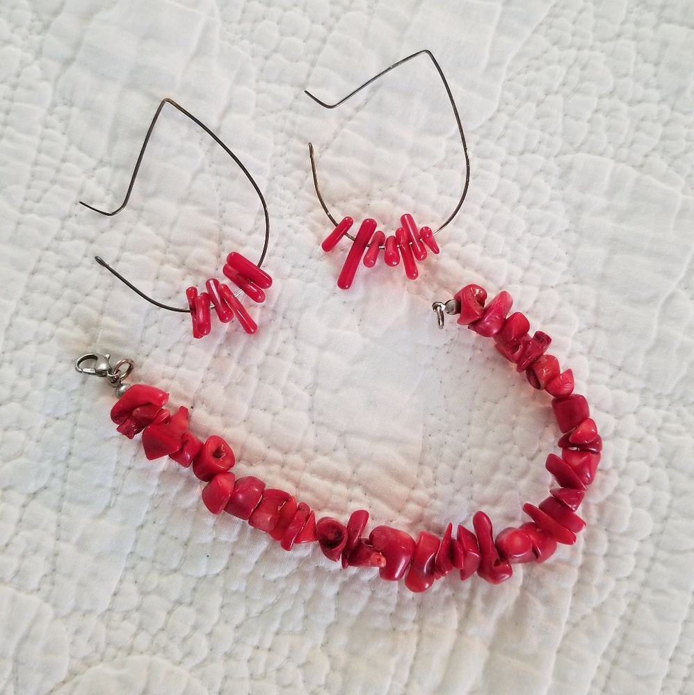 Coral and silver bracelet and earring set